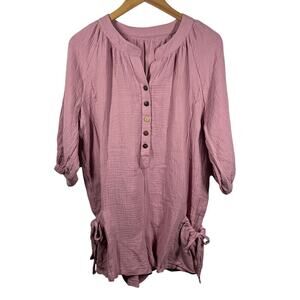 Womens Top Med Purple Gauze Oversized Chore Pocket Tie Detail Spring Lagenlook